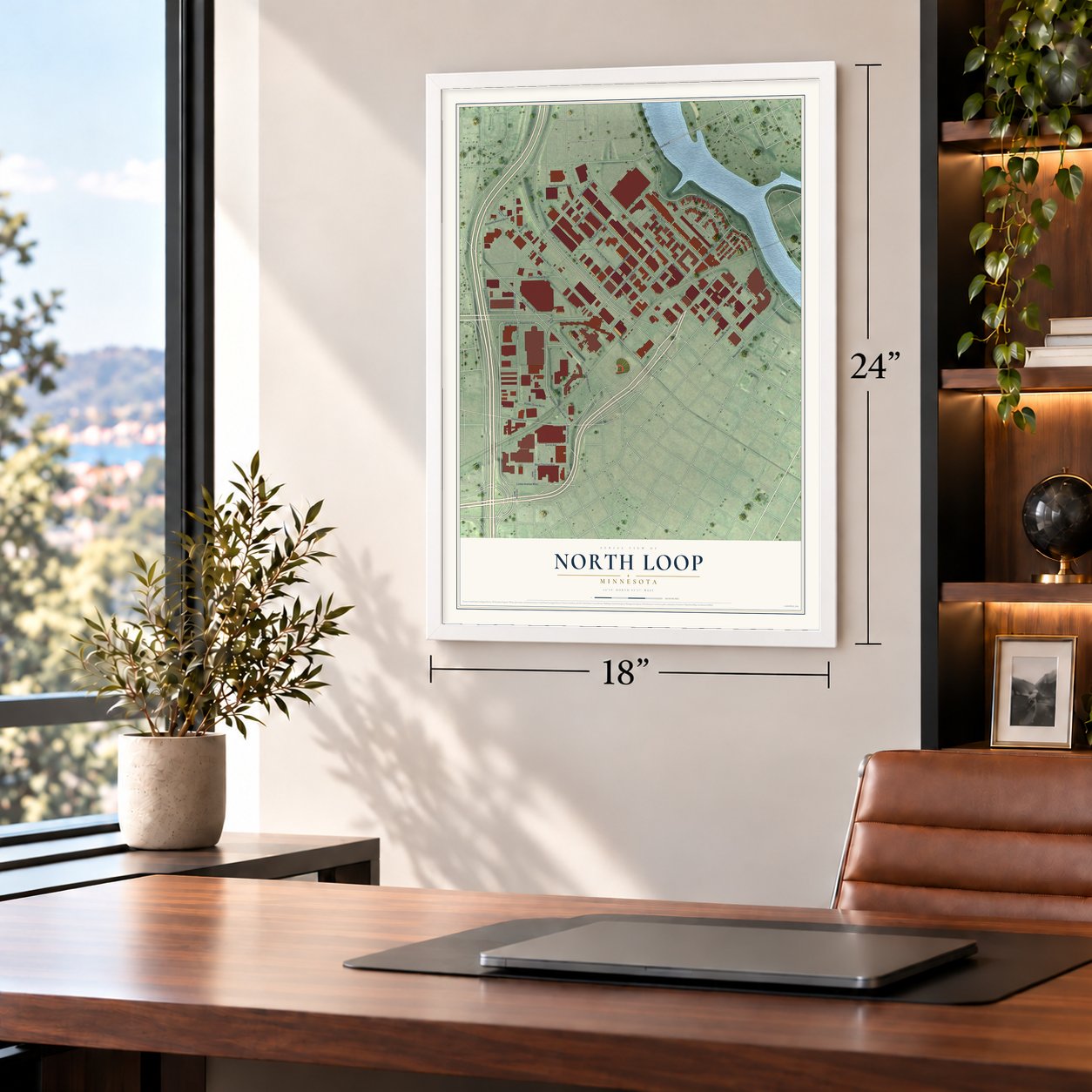 North Loop, Minnesota map, 18 x 24 inch print in a white frame in a home office