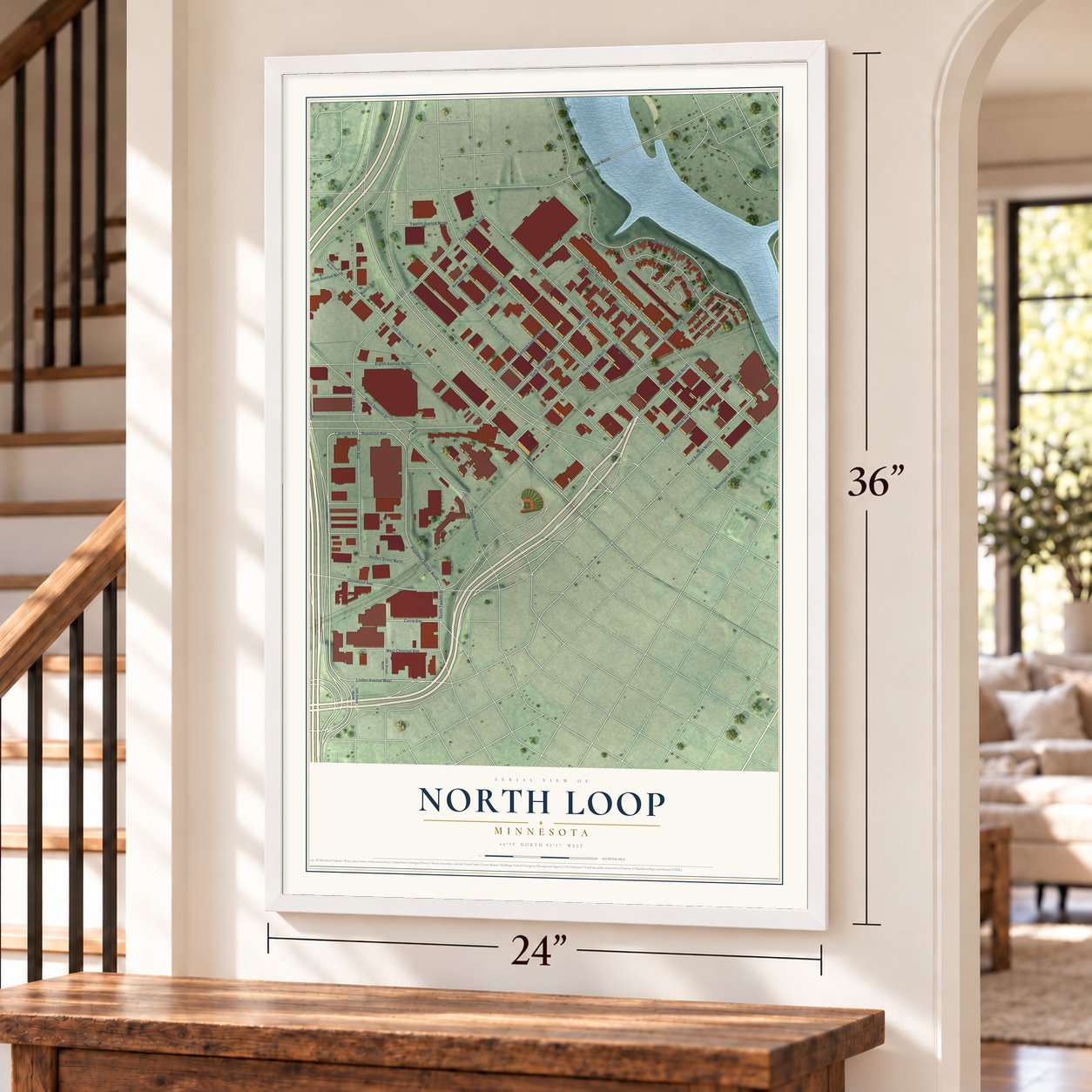 North Loop, Minnesota map, 24 x 36 inch print in a white frame by a staircase