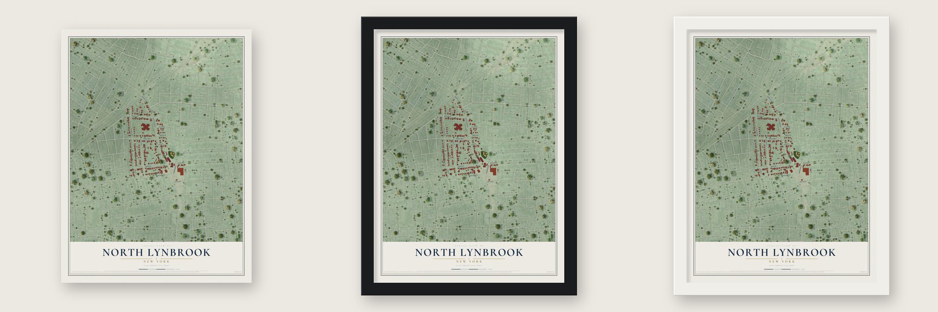 North Lynbrook, New York map unframed, in a black wood frame and in a white wood frame