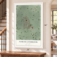 North Lynbrook, New York map, 24 x 36 inch print in a white frame by a staircase