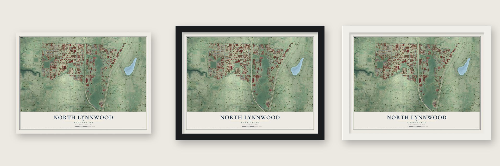 North Lynnwood, Washington map unframed, in a black wood frame and in a white wood frame