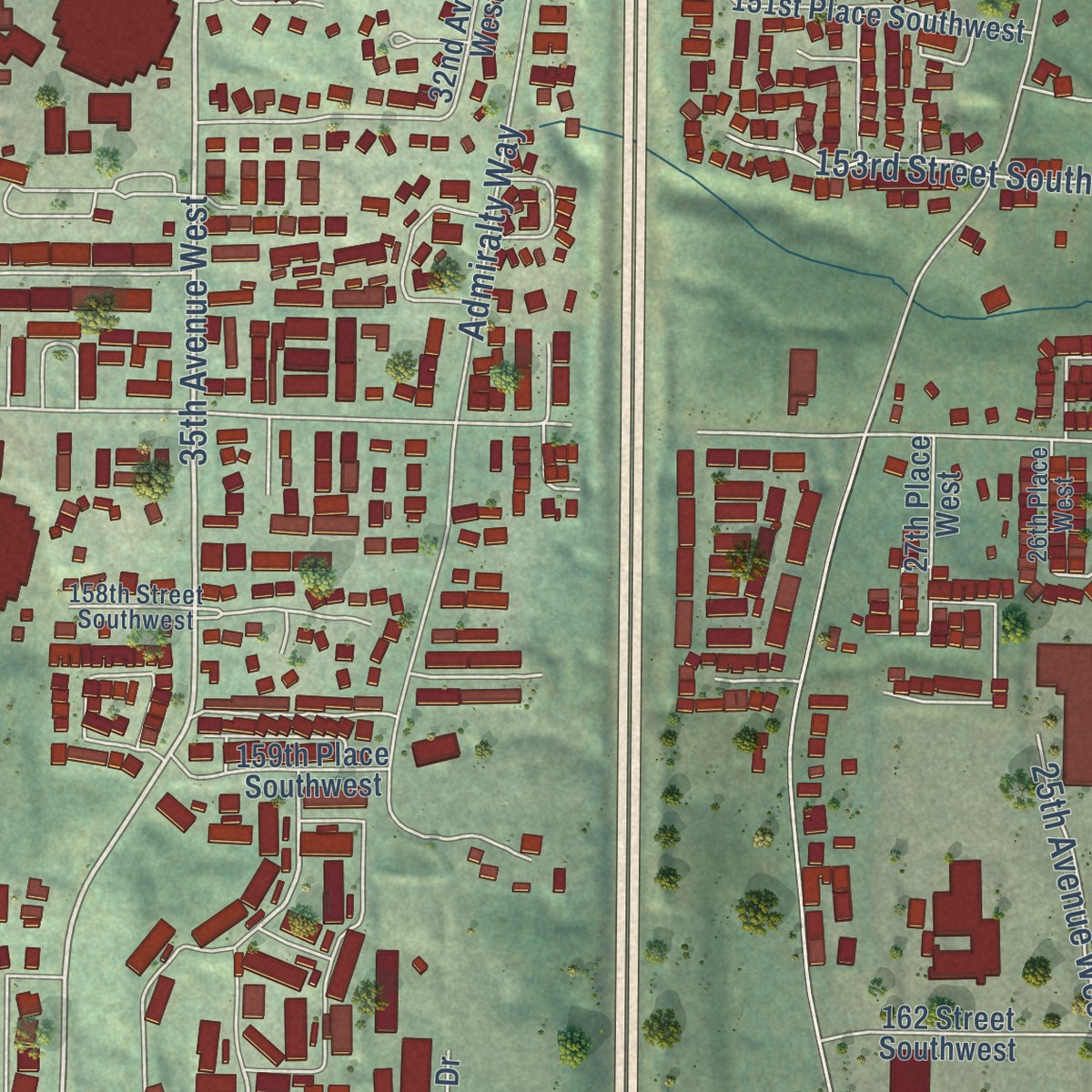 Second close-up of the map of North Lynnwood, Washington print showing more streets and buildings
