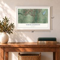 North Lynnwood, Washington map, 12 x 18 inch print in a white frame in an entryway