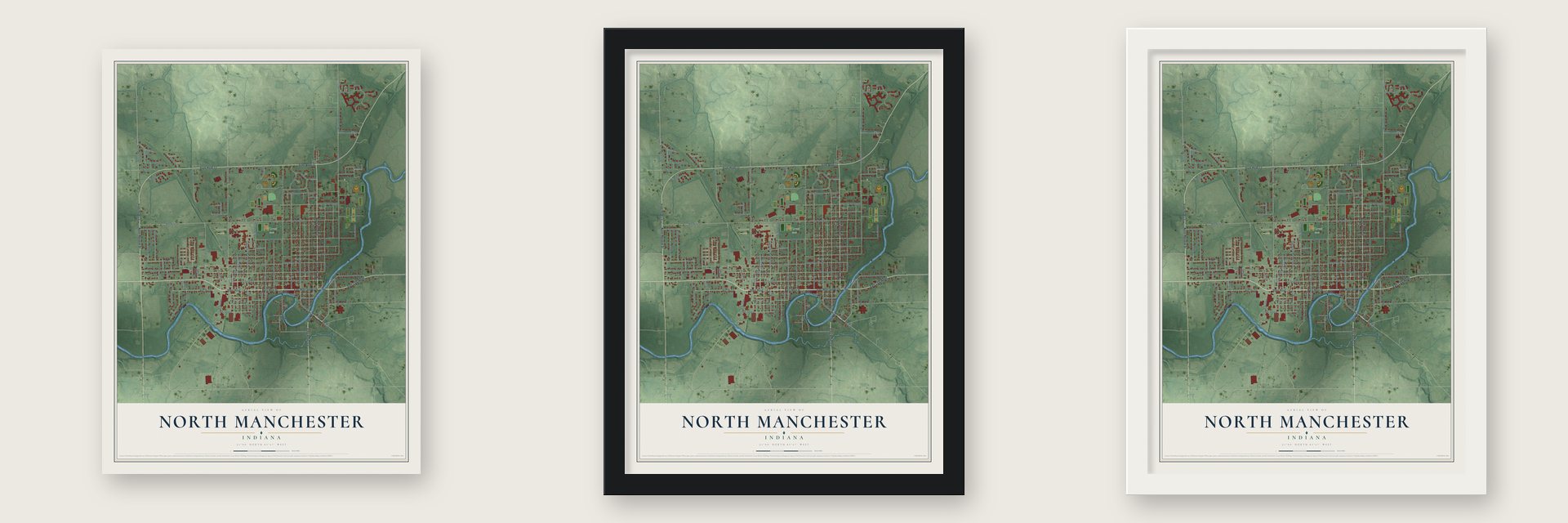 North Manchester, Indiana map unframed, in a black wood frame and in a white wood frame