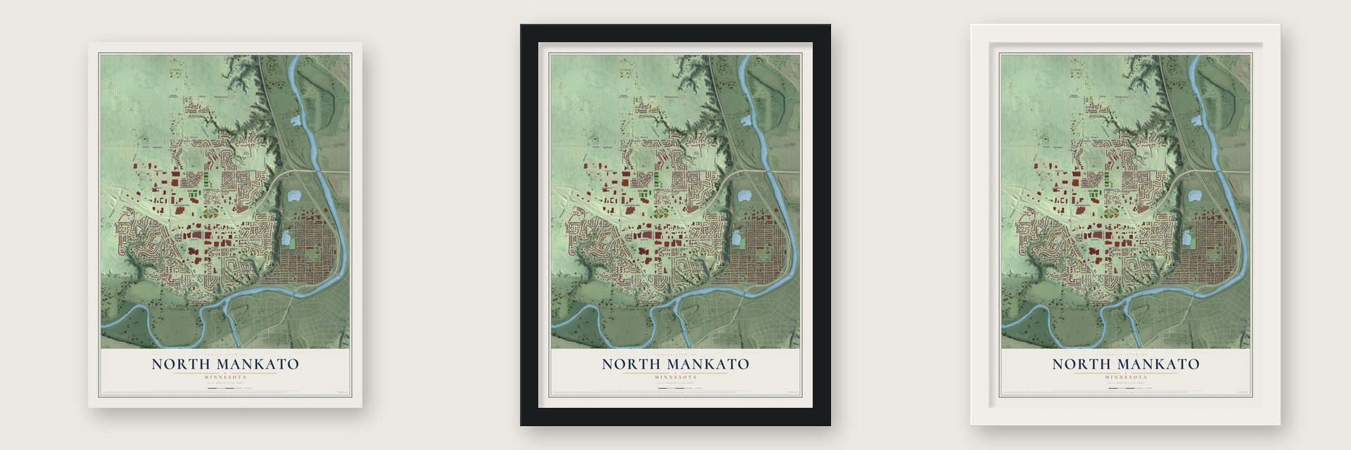 North Mankato, Minnesota map unframed, in a black wood frame and in a white wood frame