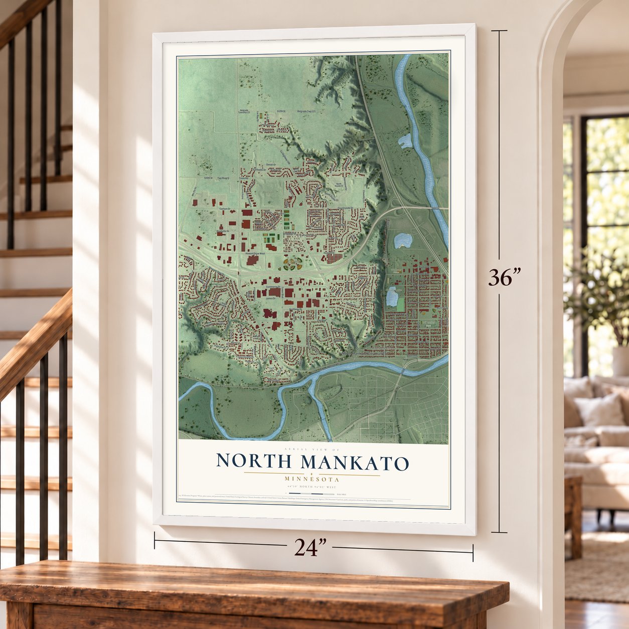 North Mankato, Minnesota map, 24 x 36 inch print in a white frame by a staircase