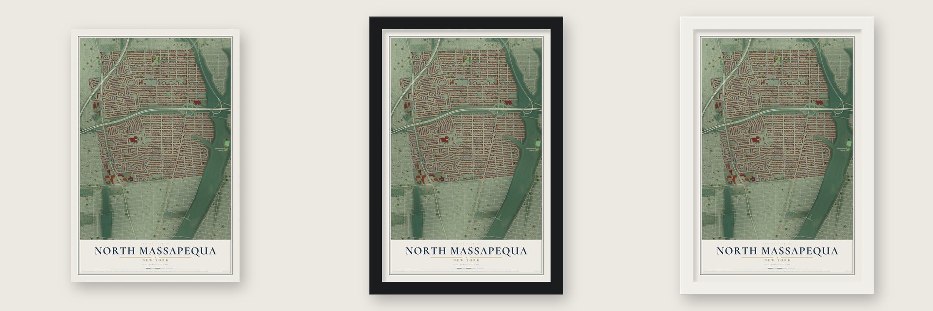 North Massapequa, New York map unframed, in a black wood frame and in a white wood frame