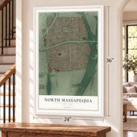 North Massapequa, New York map, 24 x 36 inch print in a white frame by a staircase