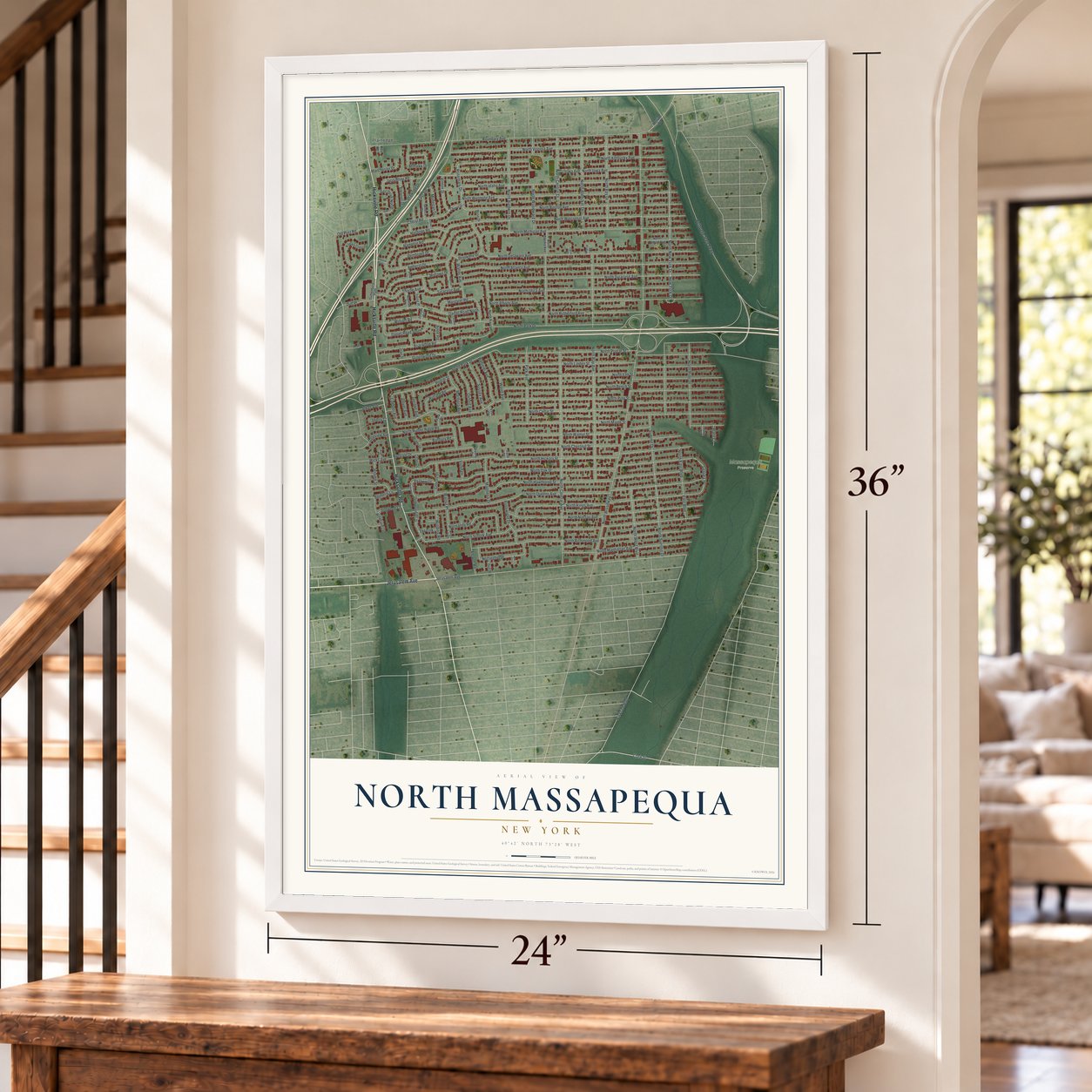 North Massapequa, New York map, 24 x 36 inch print in a white frame by a staircase
