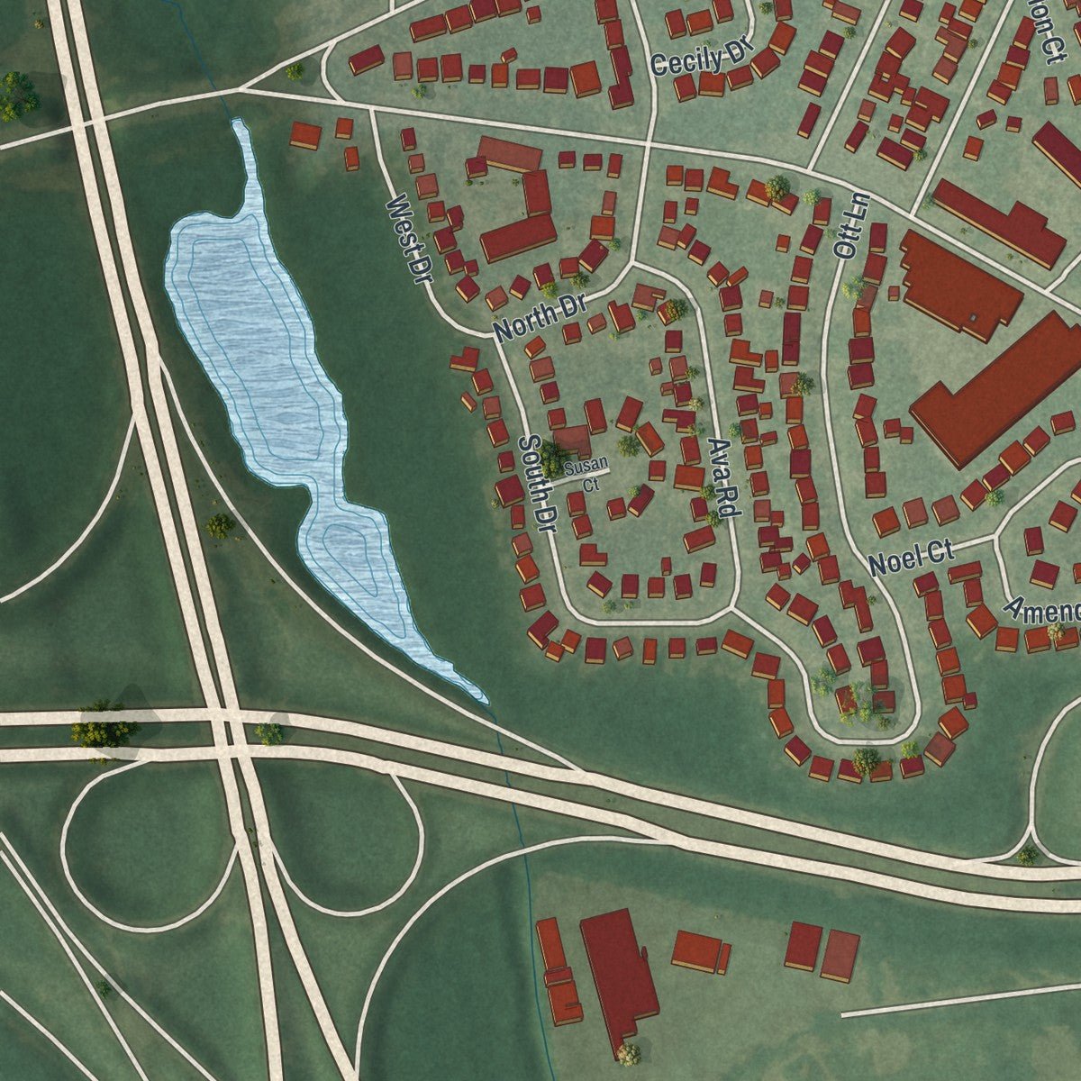 Second close-up of the map of North Merrick, New York print showing more streets and buildings