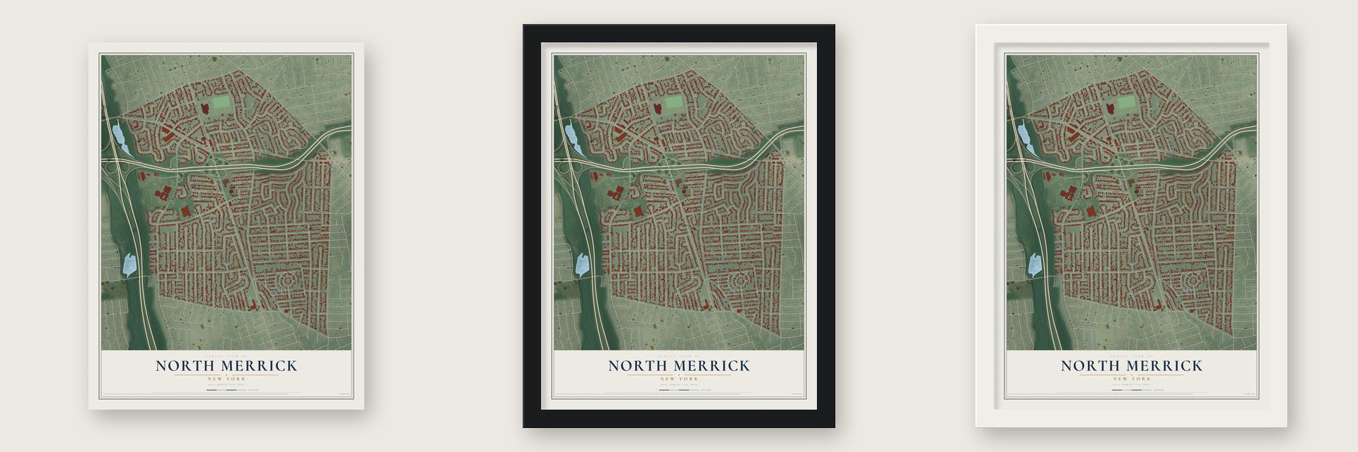 North Merrick, New York map unframed, in a black wood frame and in a white wood frame