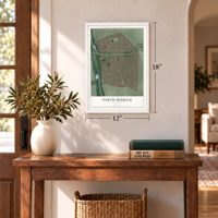 North Merrick, New York map, 12 x 18 inch print in a white frame in an entryway