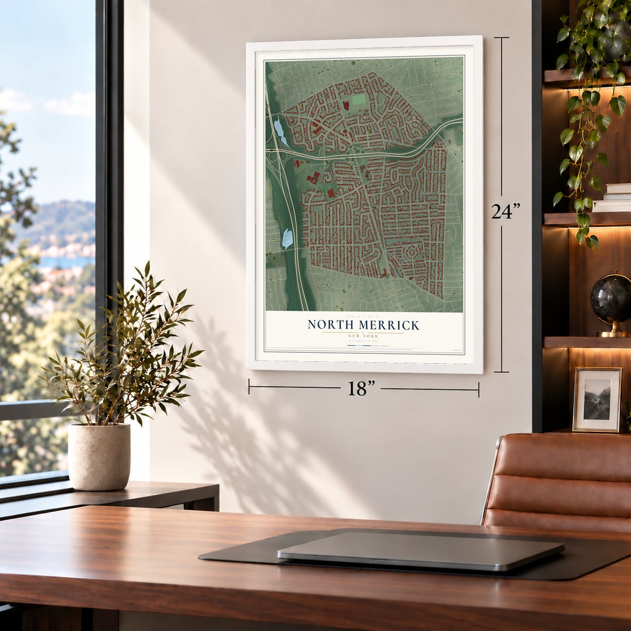 North Merrick, New York map, 18 x 24 inch print in a white frame in a home office