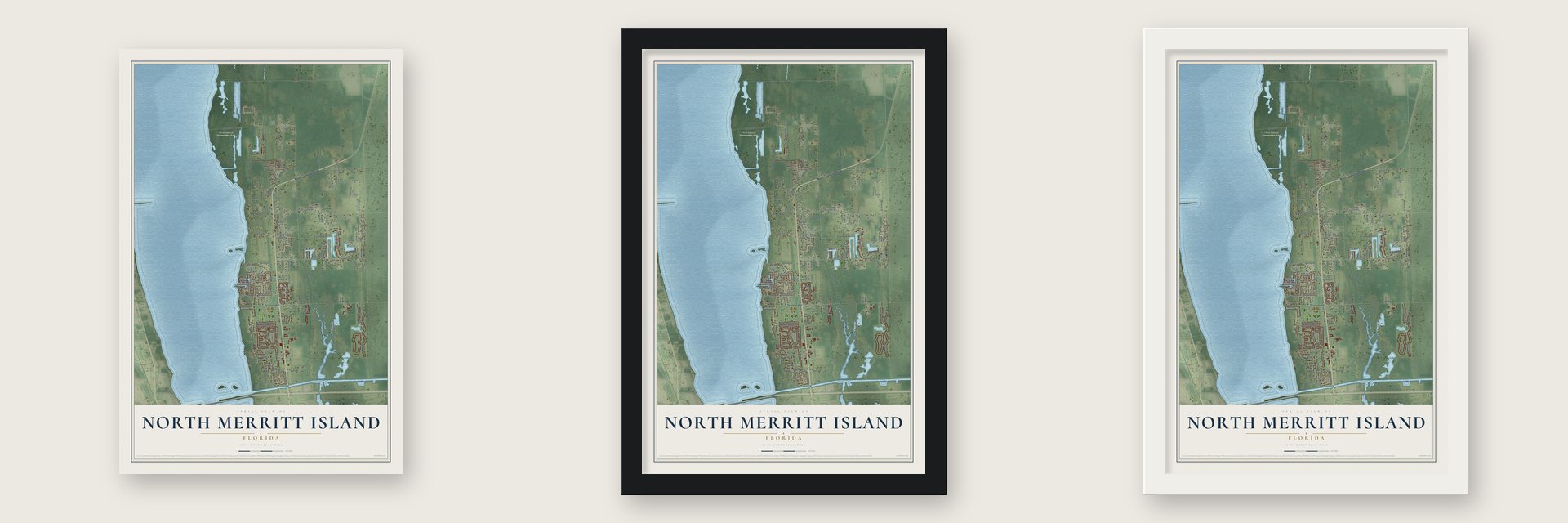North Merritt Island, Florida map unframed, in a black wood frame and in a white wood frame
