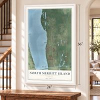 North Merritt Island, Florida map, 24 x 36 inch print in a white frame by a staircase