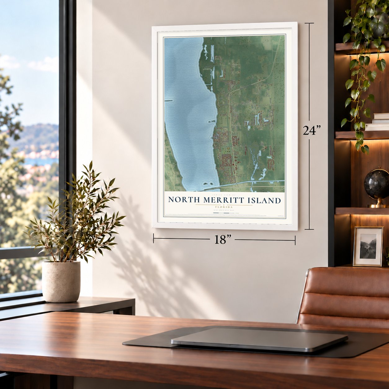 North Merritt Island, Florida map, 18 x 24 inch print in a white frame in a home office