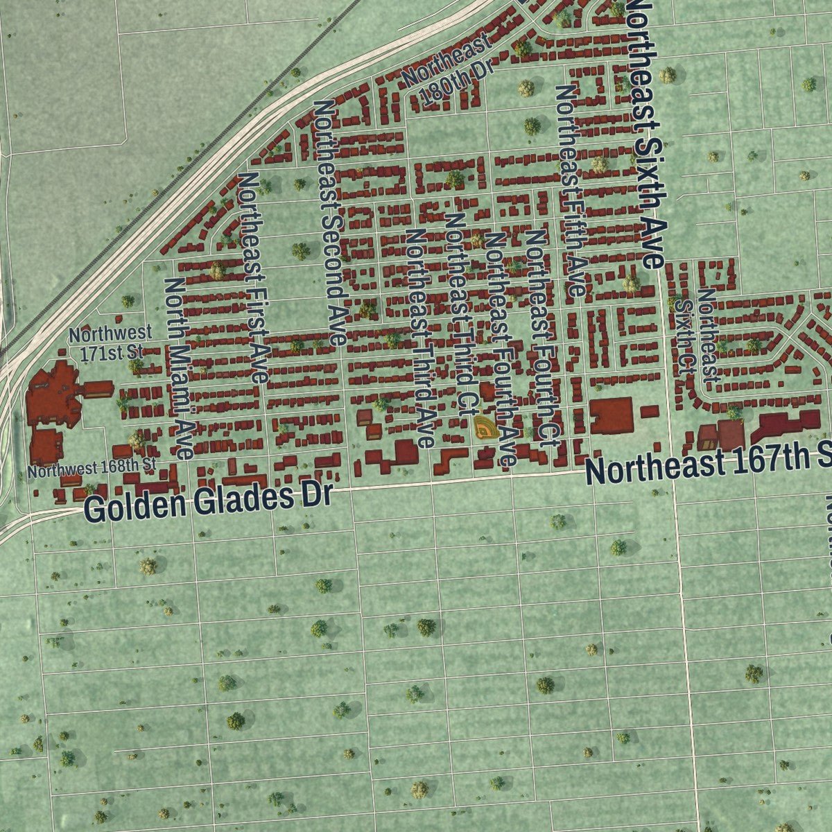 Second close-up of the map of North Miami Beach, Florida print showing more streets and buildings