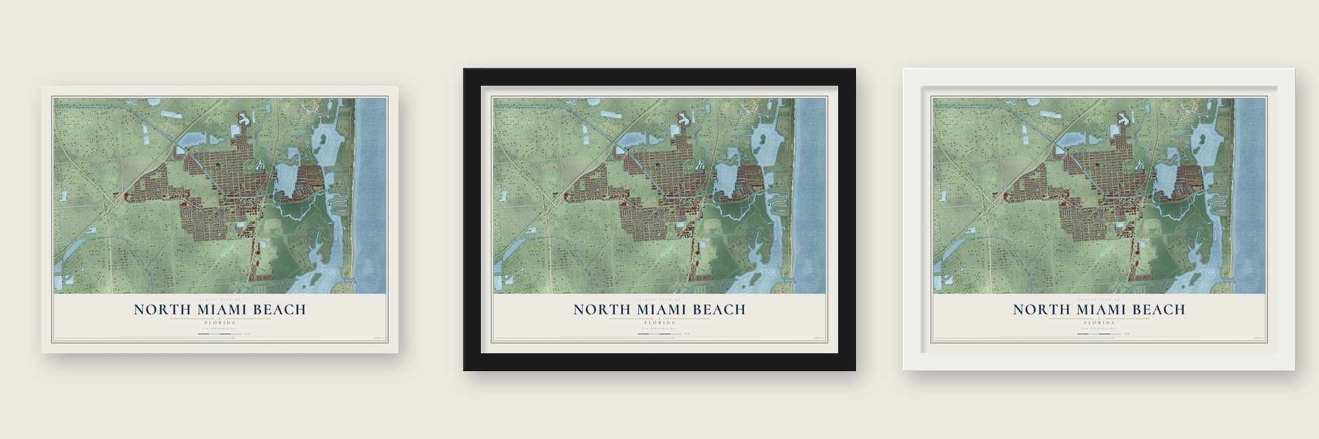 North Miami Beach, Florida map unframed, in a black wood frame and in a white wood frame