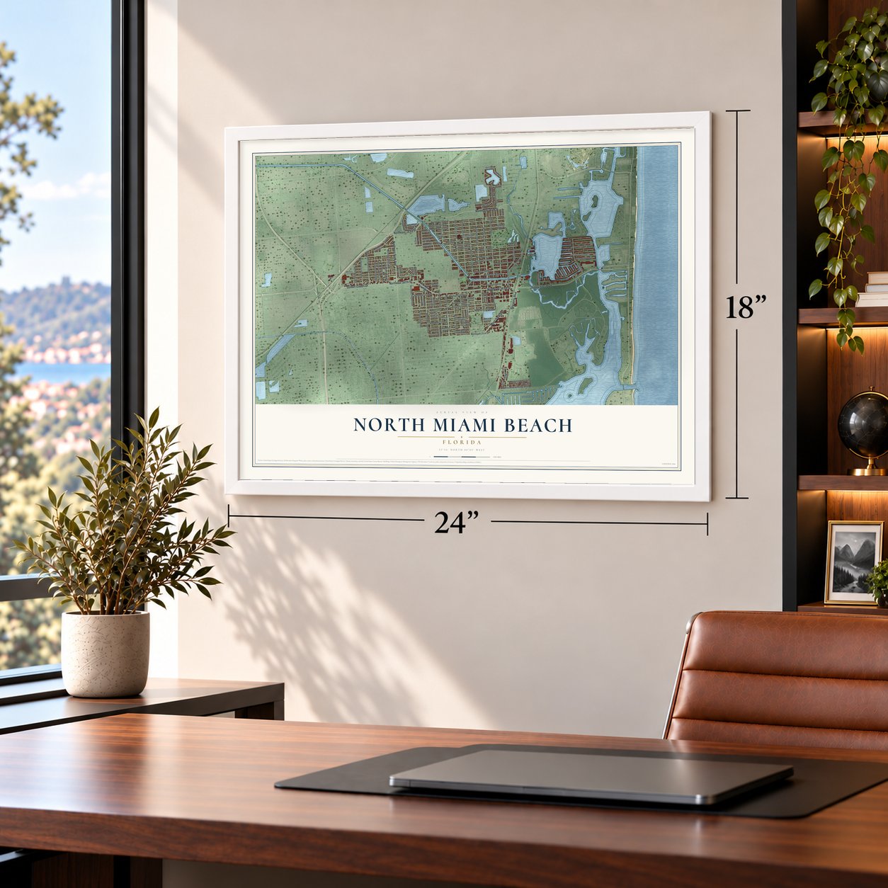 North Miami Beach, Florida map, 18 x 24 inch print in a white frame in a home office