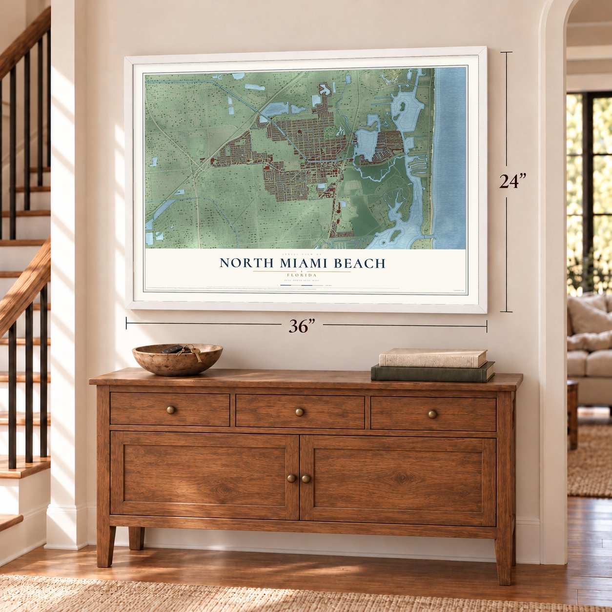 North Miami Beach, Florida map, 24 x 36 inch print in a white frame above a dresser by a staircase