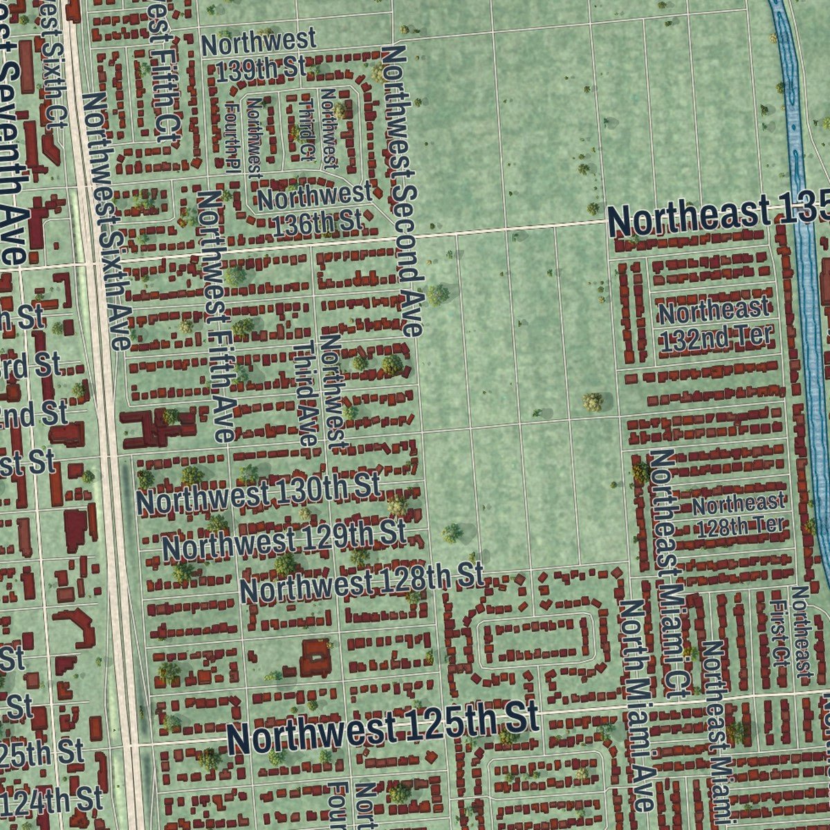 Second close-up of the map of North Miami, Florida print showing more streets and buildings