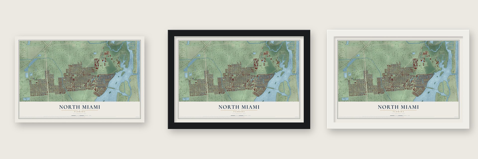 North Miami, Florida map unframed, in a black wood frame and in a white wood frame