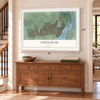North Miami, Florida map, 24 x 36 inch print in a white frame above a dresser by a staircase