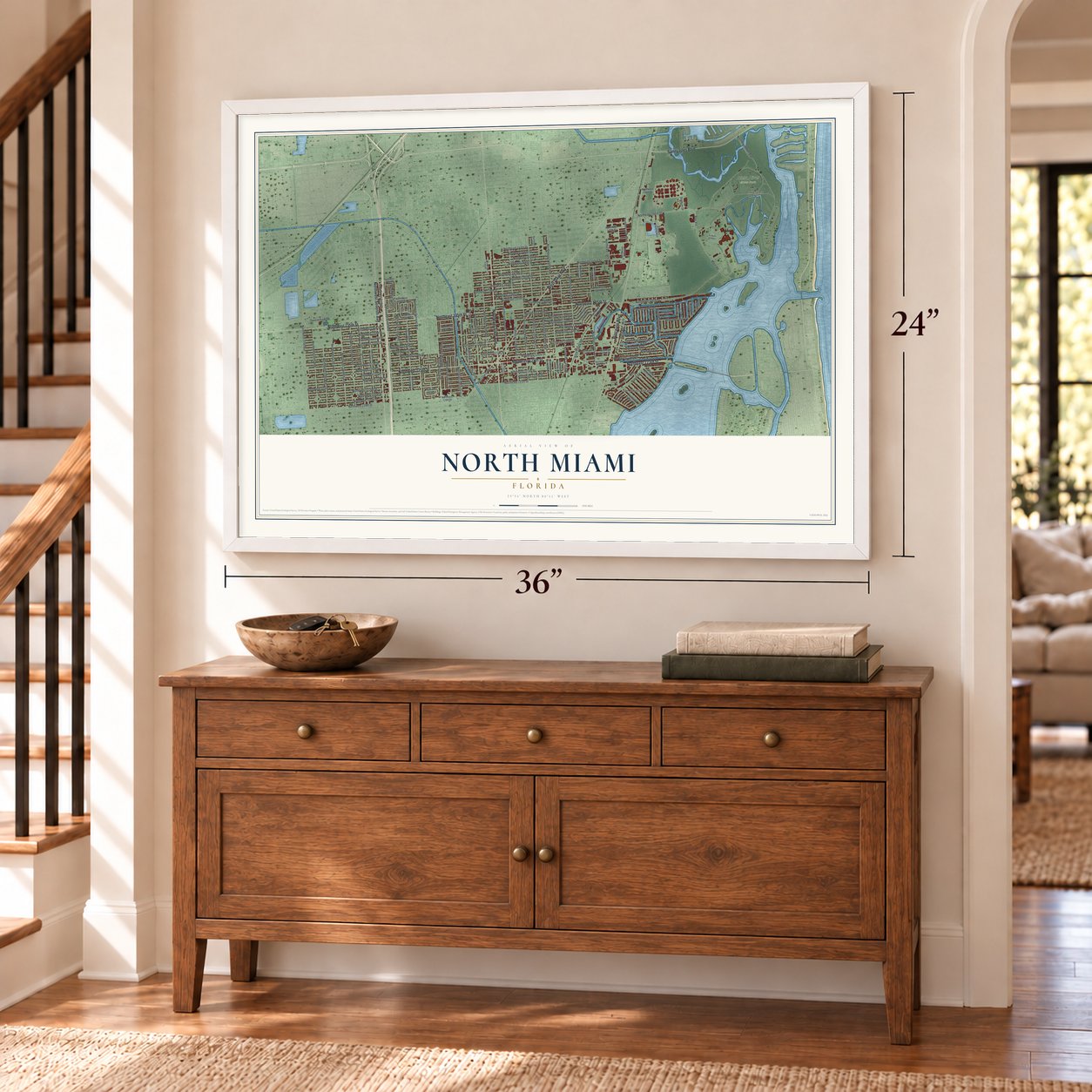 North Miami, Florida map, 24 x 36 inch print in a white frame above a dresser by a staircase