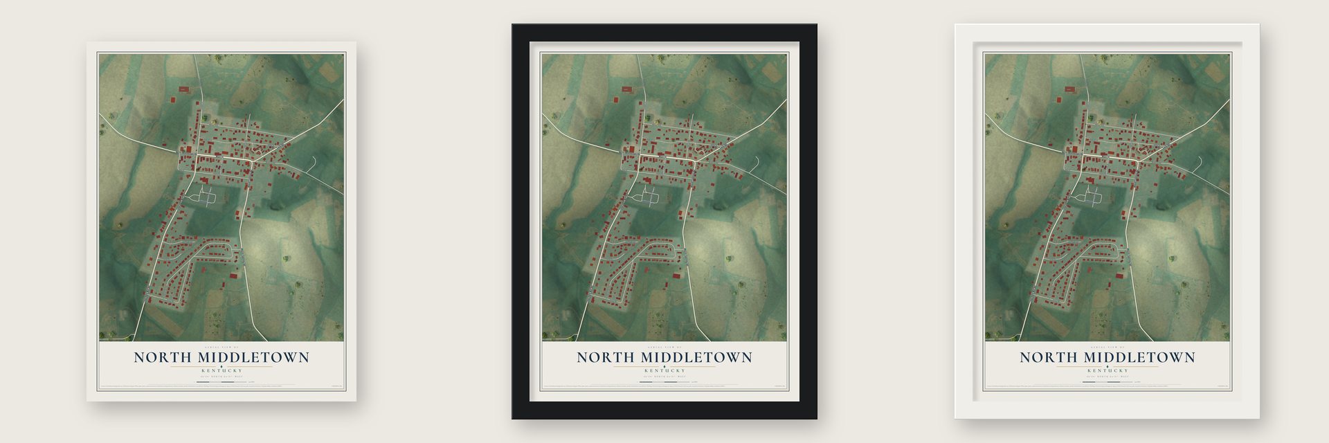 North Middletown, Kentucky map unframed, in a black wood frame and in a white wood frame