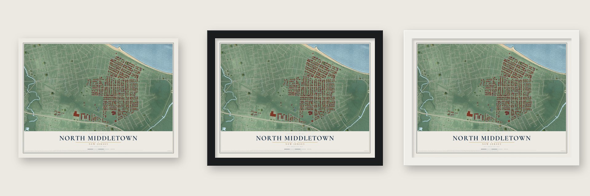 North Middletown, New Jersey map unframed, in a black wood frame and in a white wood frame