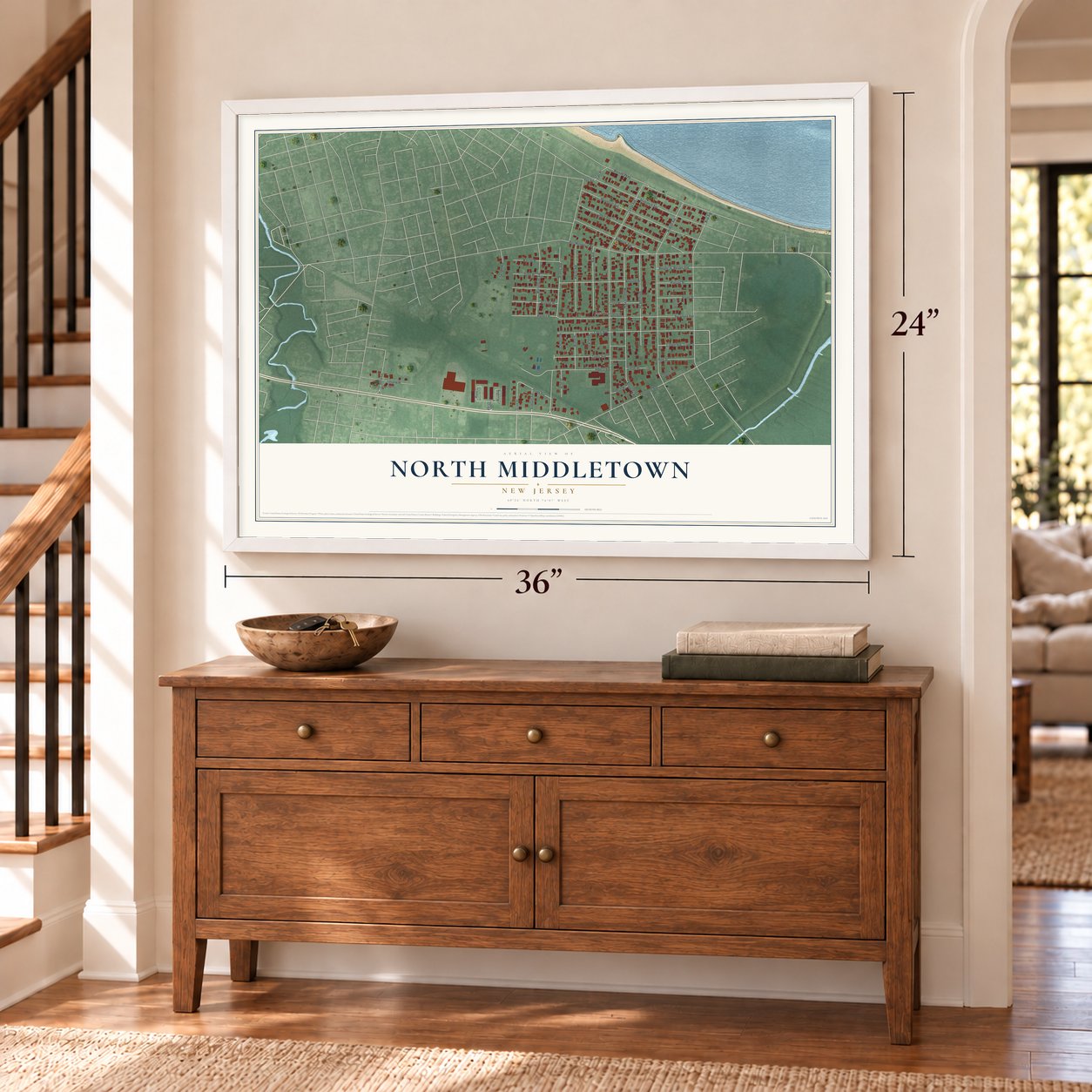 North Middletown, New Jersey map, 24 x 36 inch print in a white frame above a dresser by a staircase