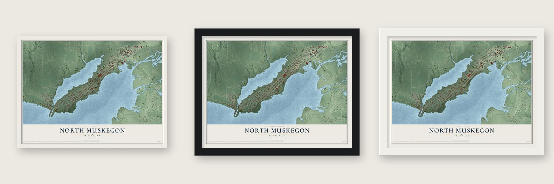 North Muskegon, Michigan map unframed, in a black wood frame and in a white wood frame