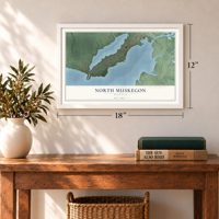 North Muskegon, Michigan map, 12 x 18 inch print in a white frame in an entryway