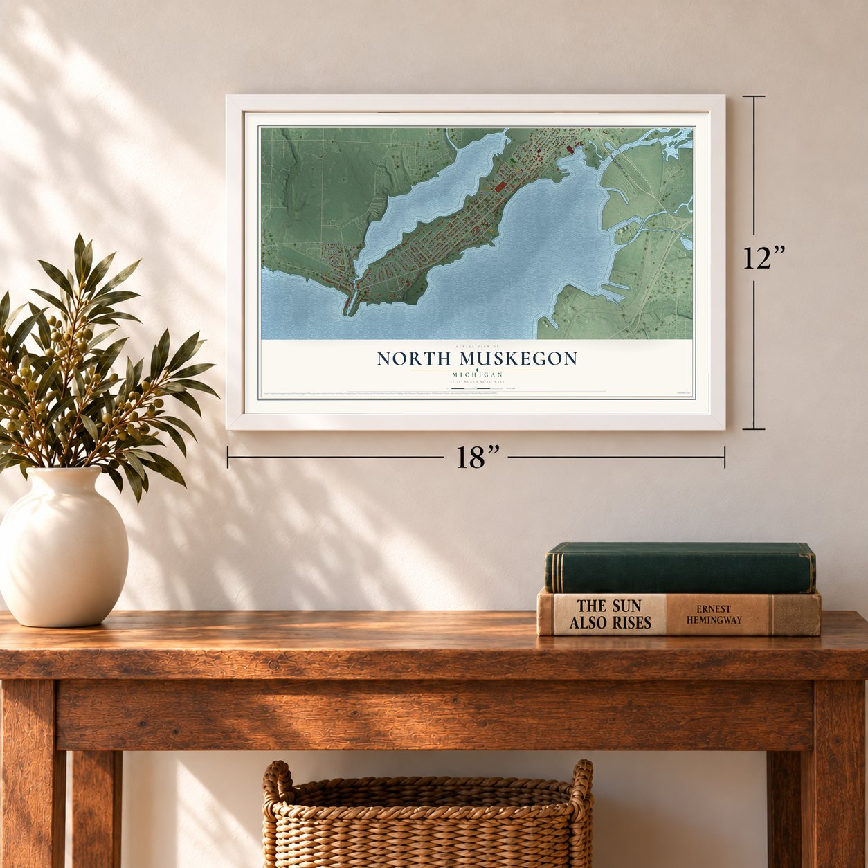 North Muskegon, Michigan map, 12 x 18 inch print in a white frame in an entryway