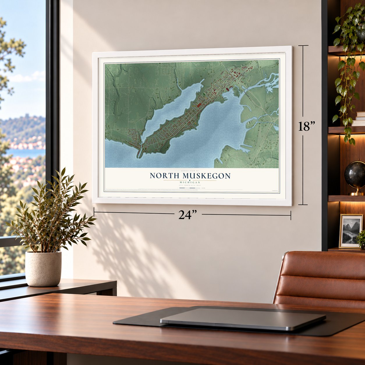 North Muskegon, Michigan map, 18 x 24 inch print in a white frame in a home office