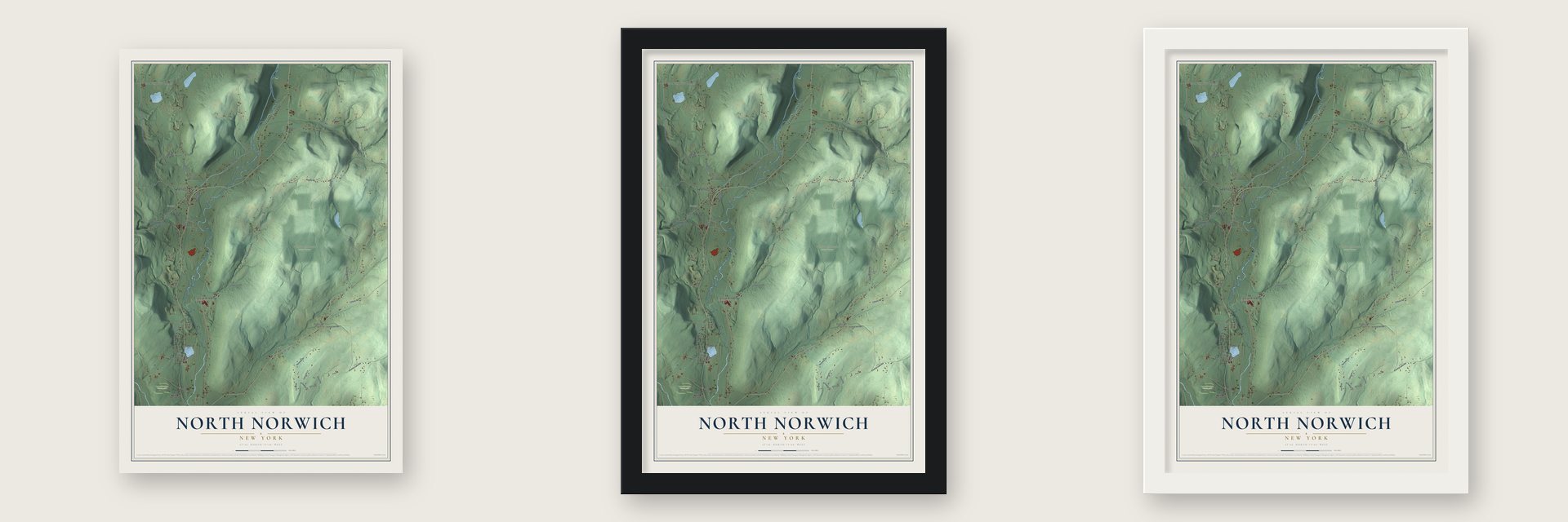 North Norwich, New York map unframed, in a black wood frame and in a white wood frame