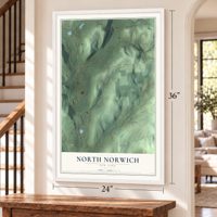 North Norwich, New York map, 24 x 36 inch print in a white frame by a staircase