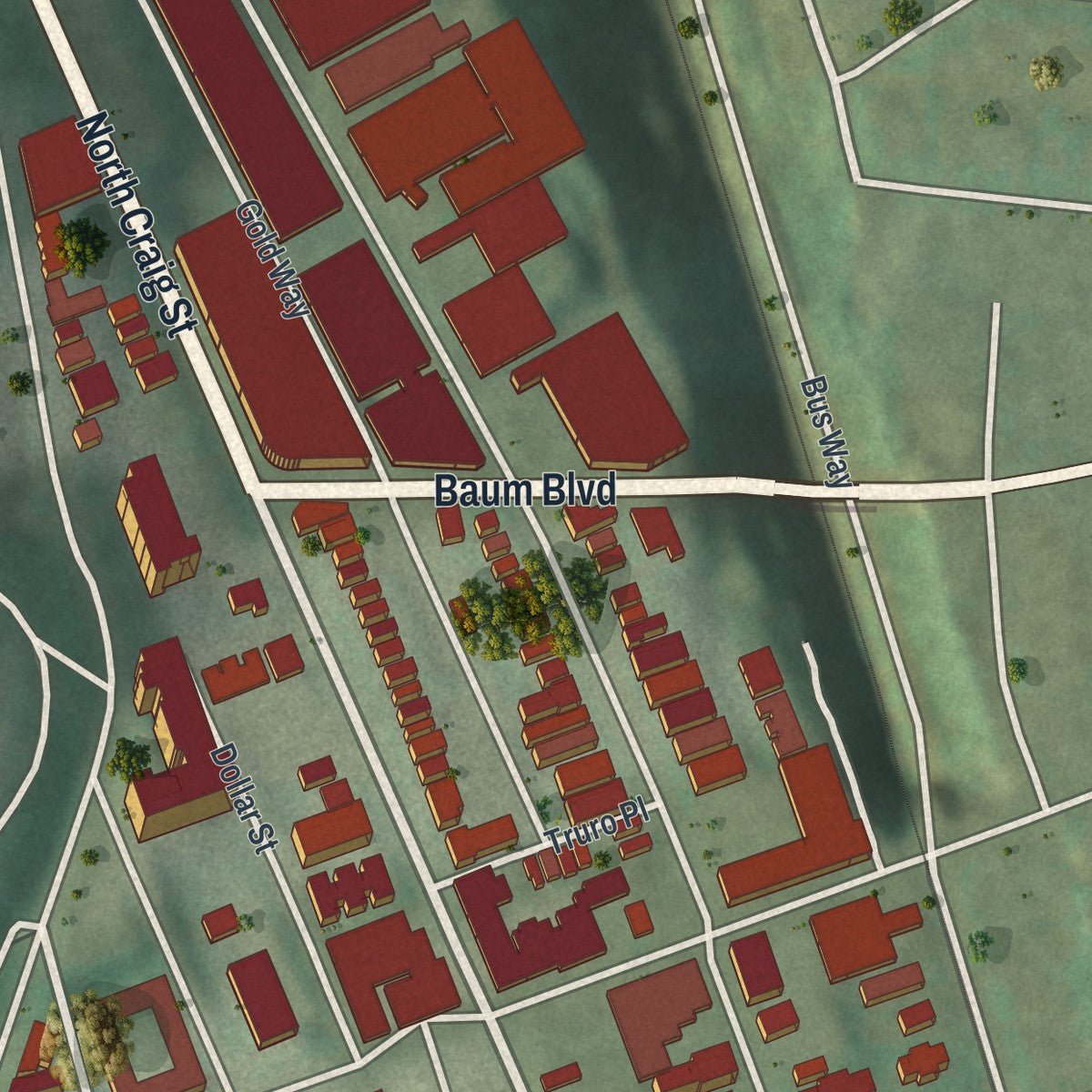 Second close-up of the map of North Oakland, Pennsylvania print showing more streets and buildings