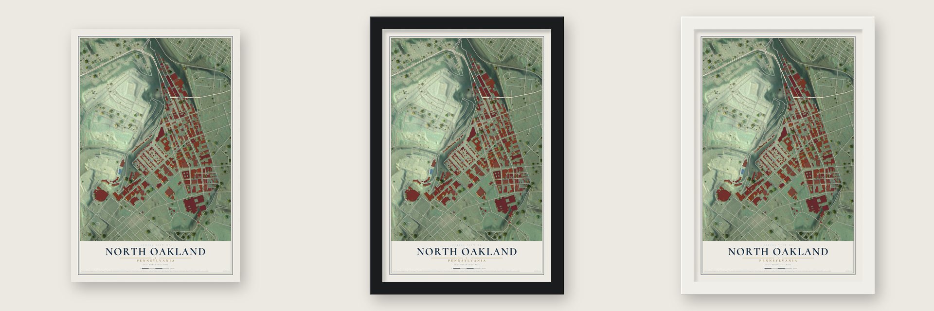 North Oakland, Pennsylvania map unframed, in a black wood frame and in a white wood frame