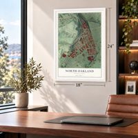 North Oakland, Pennsylvania map, 18 x 24 inch print in a white frame in a home office