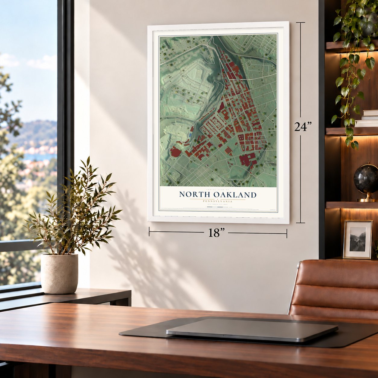North Oakland, Pennsylvania map, 18 x 24 inch print in a white frame in a home office