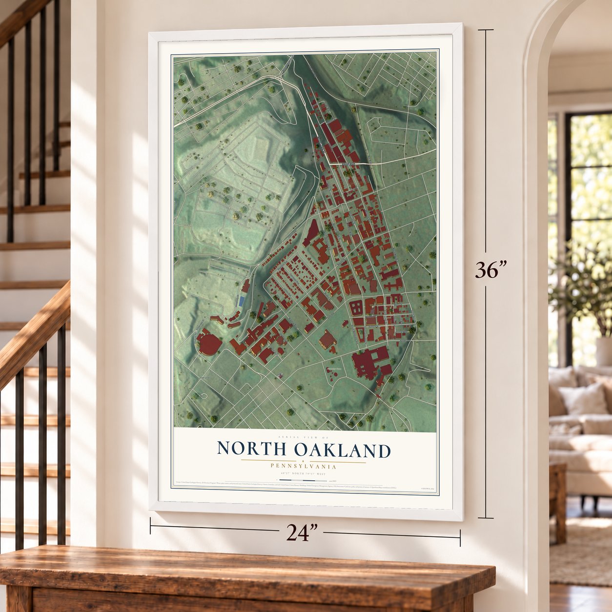 North Oakland, Pennsylvania map, 24 x 36 inch print in a white frame by a staircase