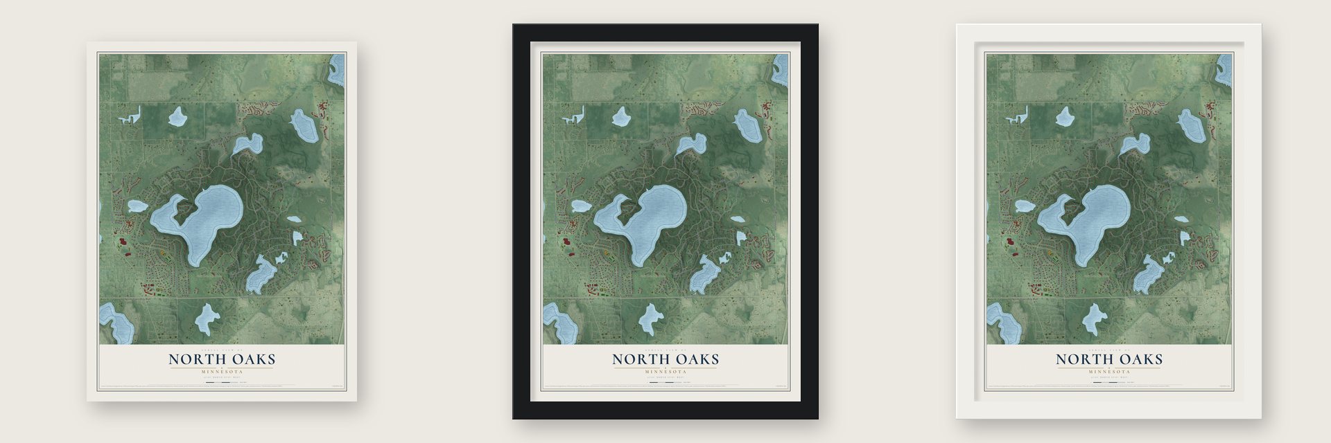 North Oaks, Minnesota map unframed, in a black wood frame and in a white wood frame