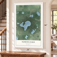 North Oaks, Minnesota map, 24 x 36 inch print in a white frame by a staircase