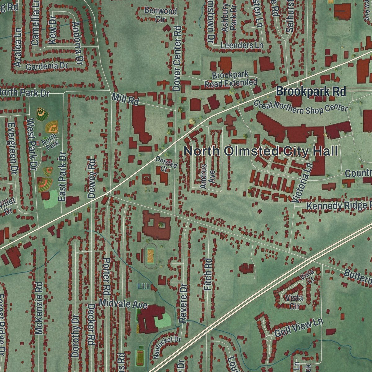 Second close-up of the map of North Olmsted, Ohio print showing more streets and buildings
