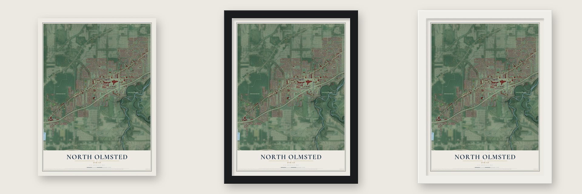 North Olmsted, Ohio map unframed, in a black wood frame and in a white wood frame