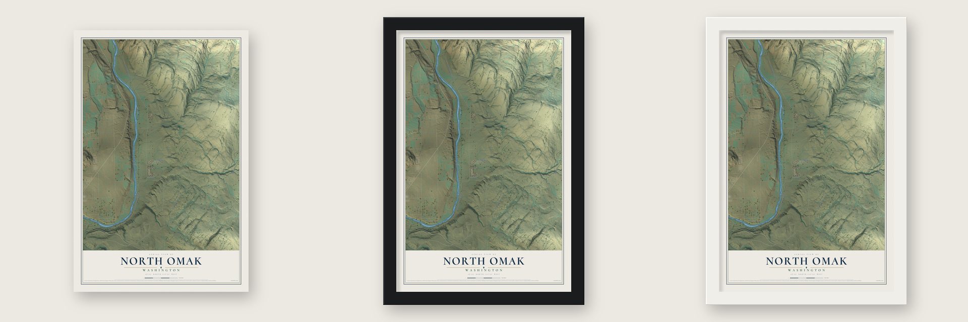 North Omak, Washington map unframed, in a black wood frame and in a white wood frame