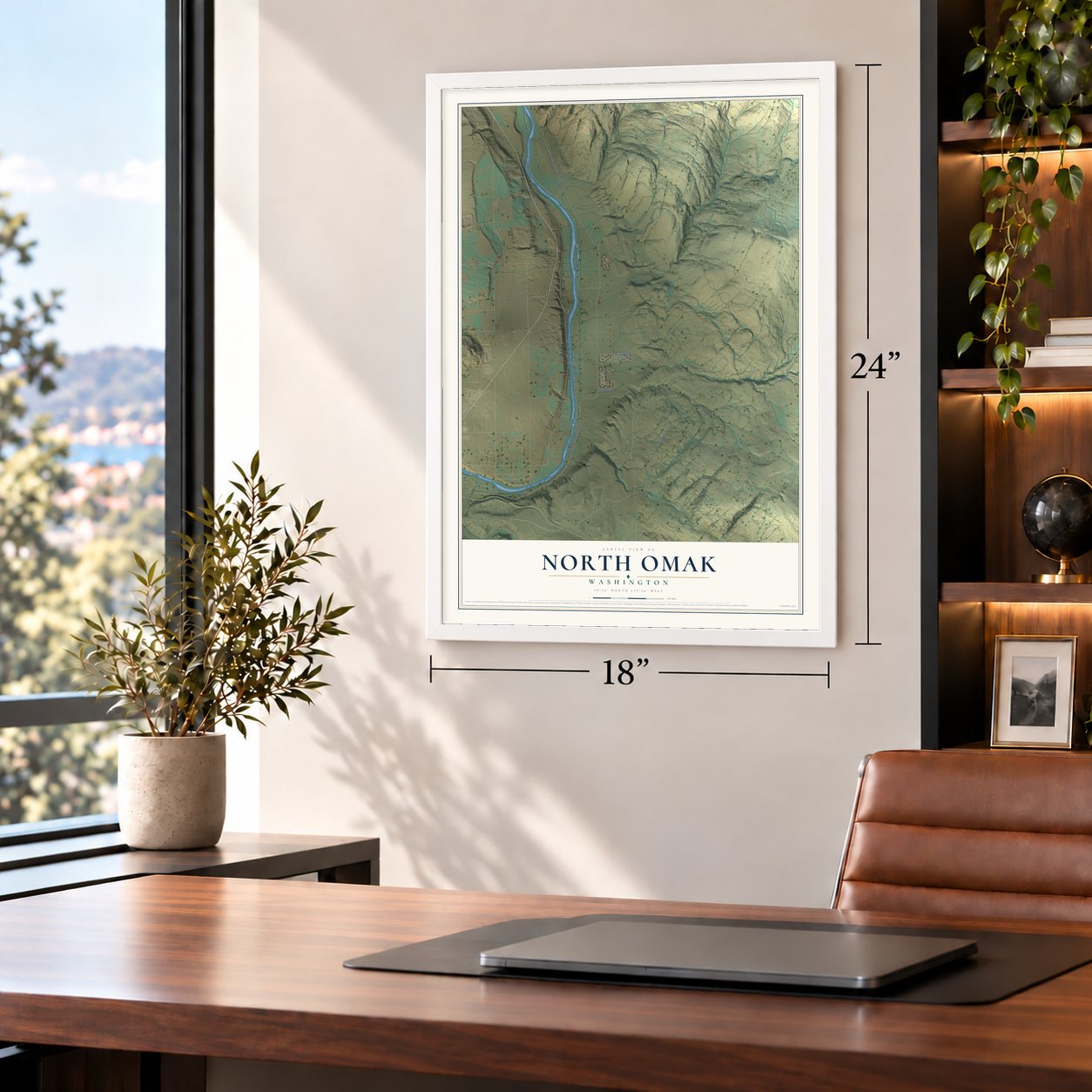 North Omak, Washington map, 18 x 24 inch print in a white frame in a home office