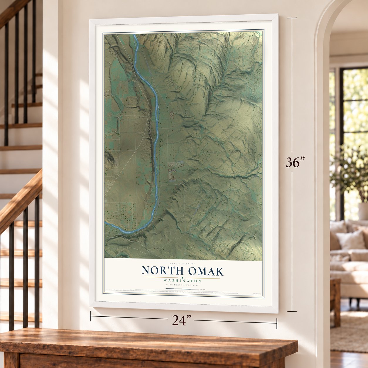 North Omak, Washington map, 24 x 36 inch print in a white frame by a staircase