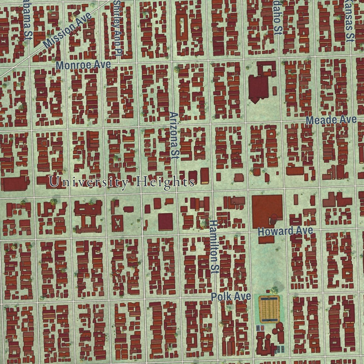 Second close-up of the map of North Park, California print showing more streets and buildings